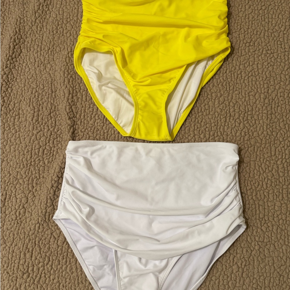 Vibrant Yellow and White High-Waisted Bikini Bottoms